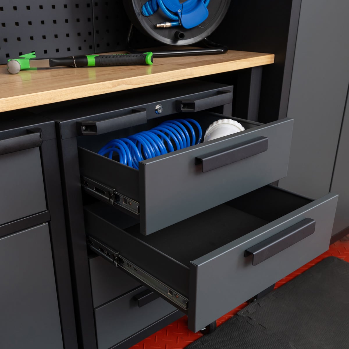 SGS 6pc Garage Storage System - Work Bench, Wheeled Cabinets, Wall Shelving & Side Cabinet